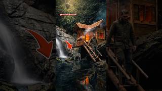 Secret Forest Cabin Hidden Behind Waterfall 😱🌲 #survival #construction #bushcraft #diy #shorts